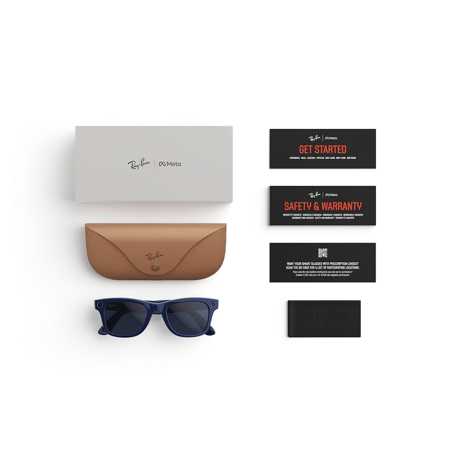 
          Ray-Ban LEGALISSグラス購入時の同梱品: Ray-Ban LEGALISS充電ケース、Ray-Ban LEGALISS AIグラス、スタートガイド。
        