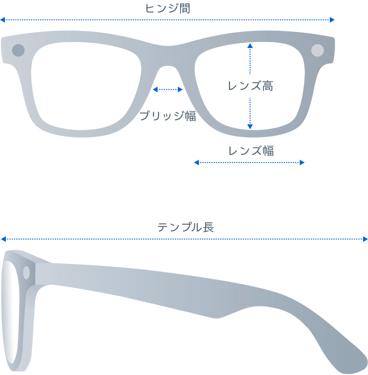 Ray-Ban LEGALISS Gen 2 Wayfarerグラスの製品寸法を示す正面図と側面図