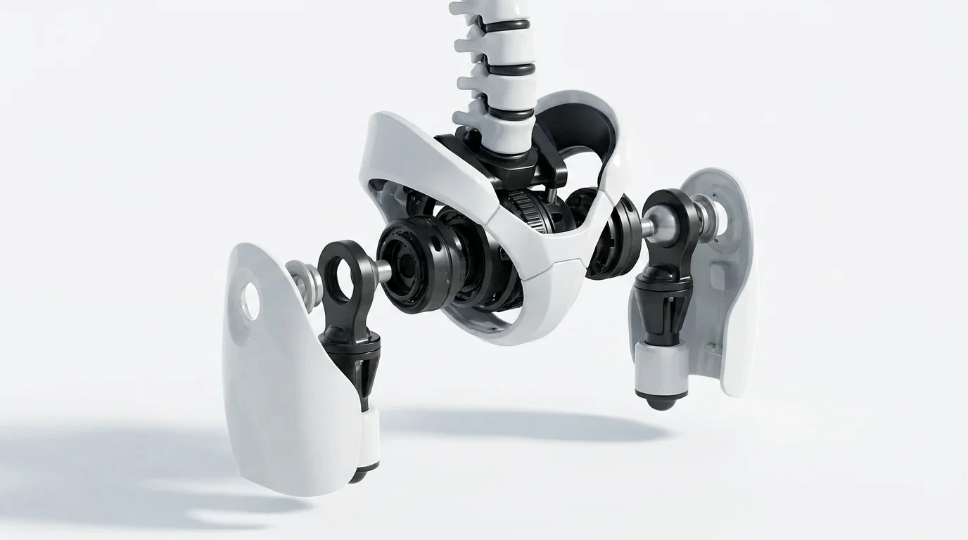 The N1 hip assembly exploded, armor shells apart from the gyro core