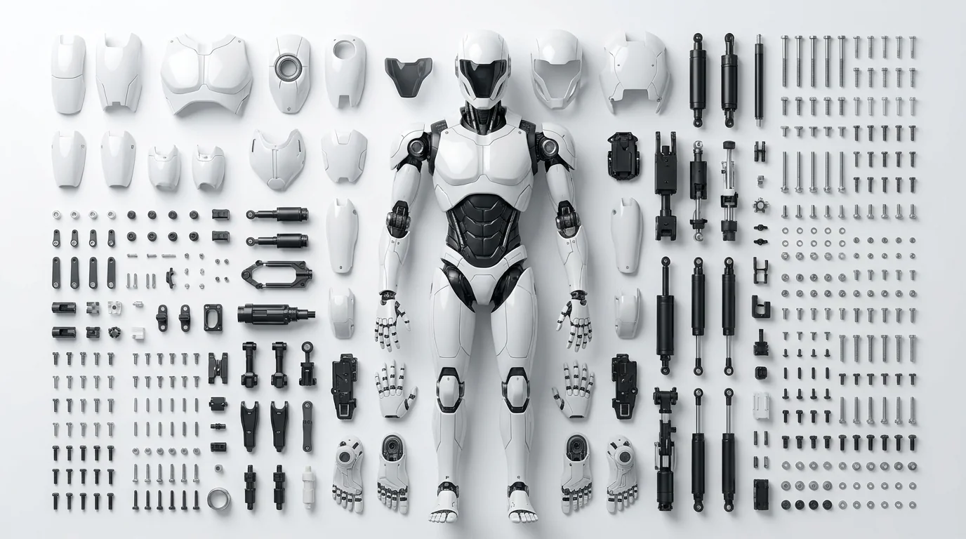 Every part of the N1 laid flat in precise rows around the assembled robot