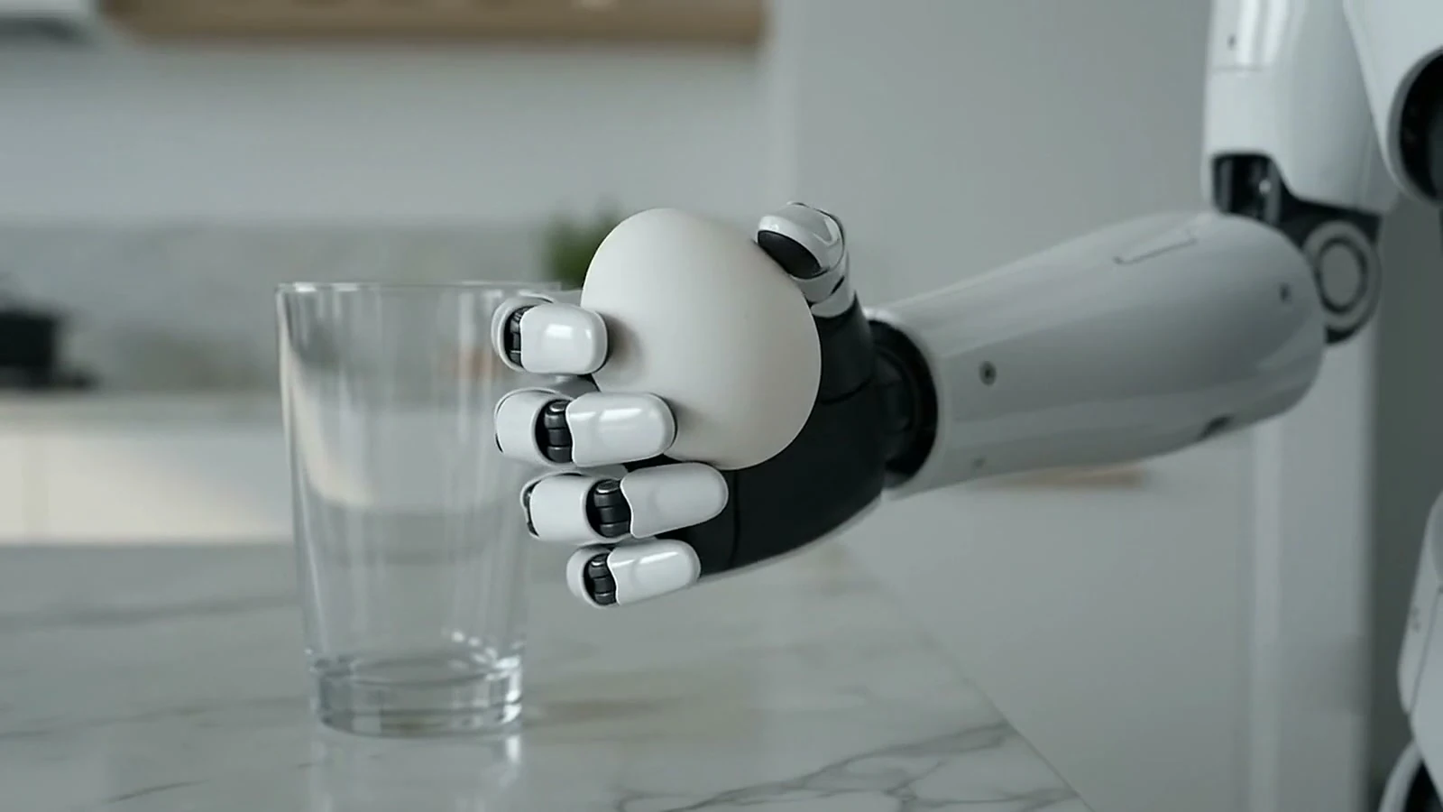 The N1 hand closed around a single egg on a marble counter