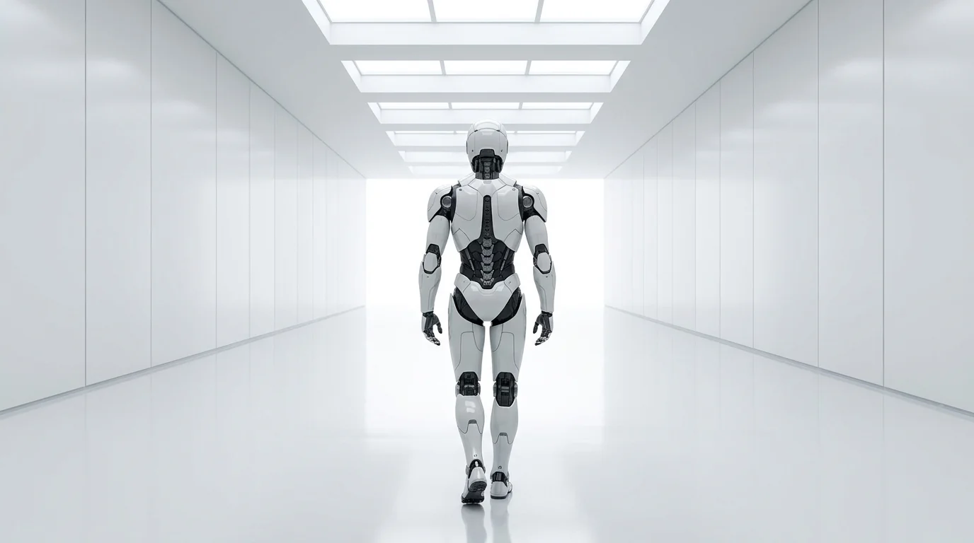 The N1 walking away down a bright corridor