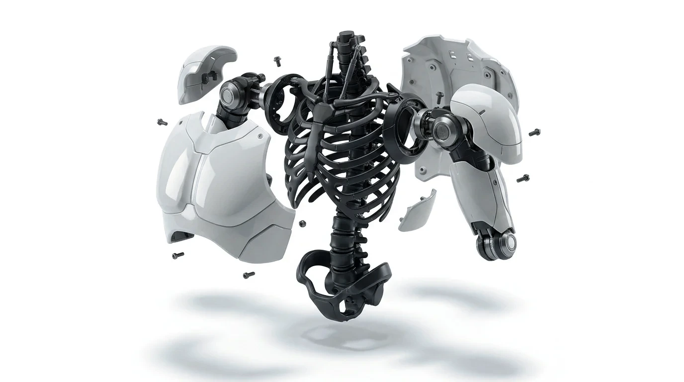 The N1 torso exploded, chest plates apart from the black ribcage and spine